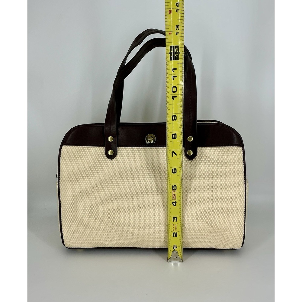 Etienne Aigner Beige Brown Woven Satchel Double Handles Gold Hardware - Picture 8 of 11